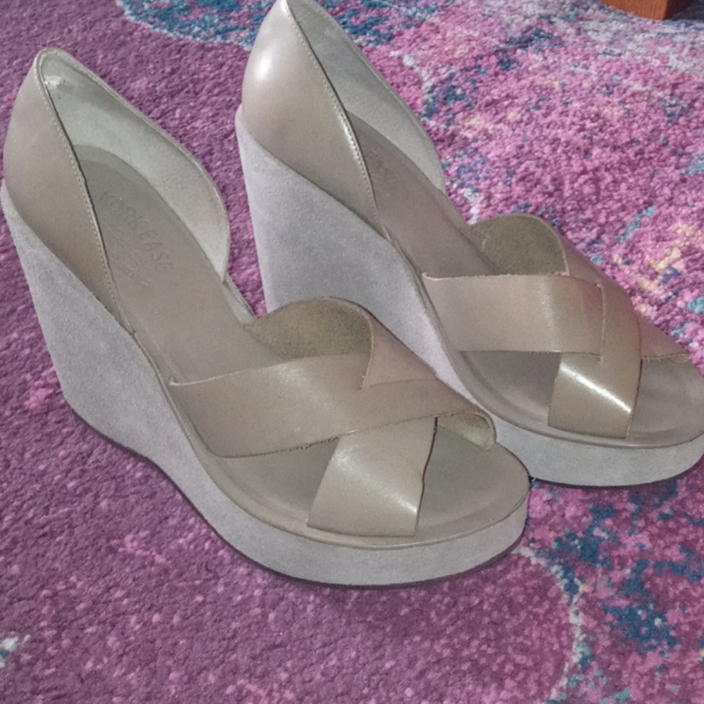 Tan Leather & Suede Wedge Sandals